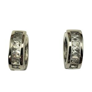 18K White Gold and Clear Stone Huggie Hoop Earrings #22535